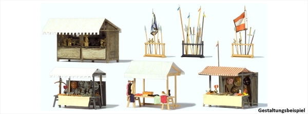 17216 Preiser Verkaufsstände u. Zub. Mittelaltermarkt, Bausatz